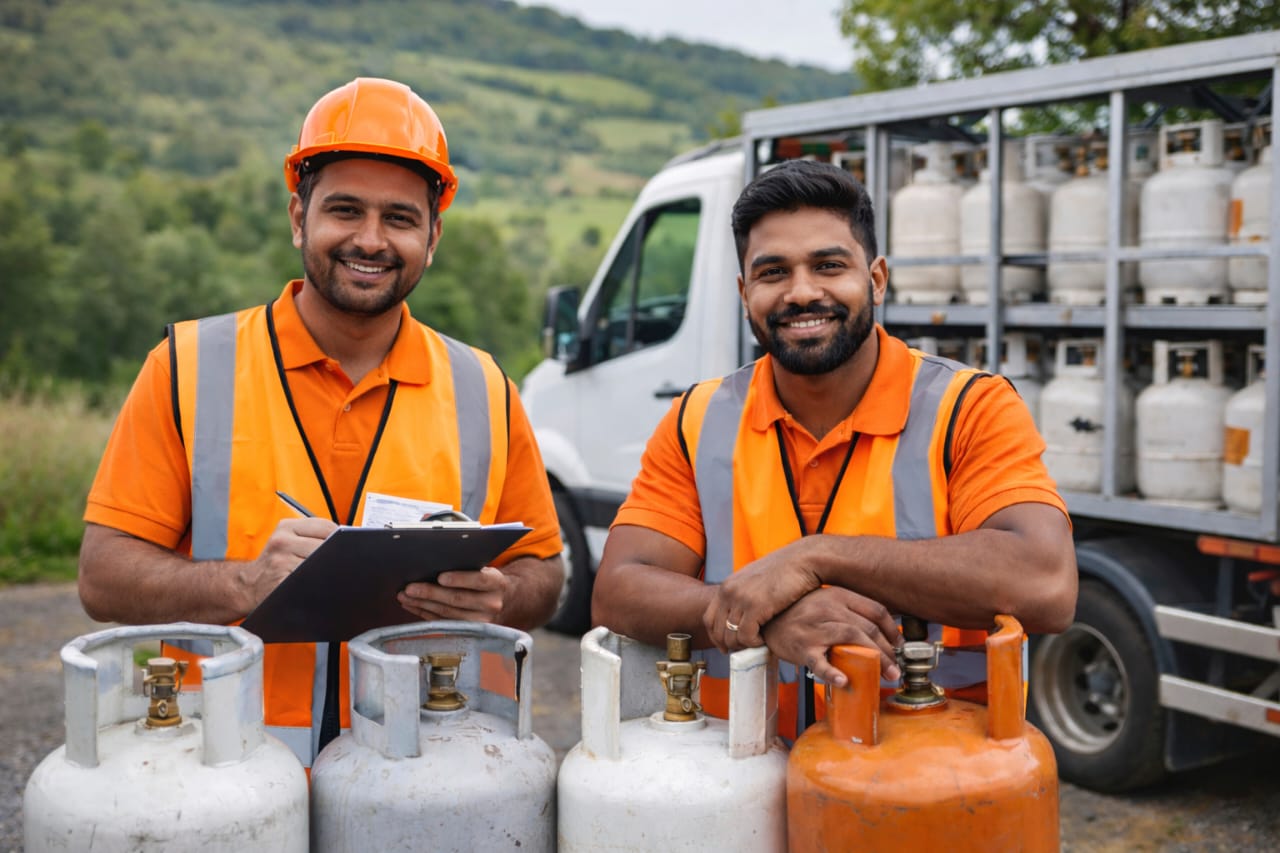 NEIES crew with LPG cylinders in front of a loaded delivery truck
