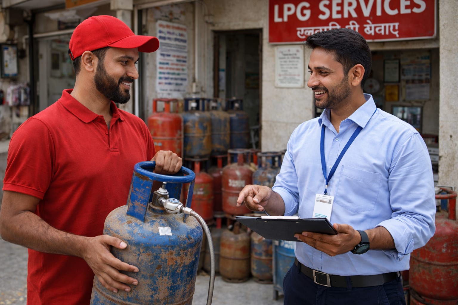Delivery staff handing over an LPG cylinder outside an LPG services shop